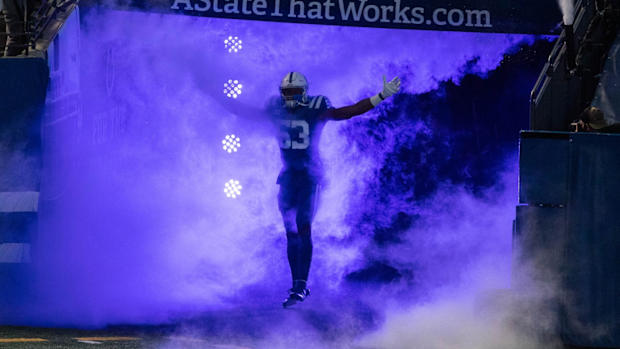 Indianapolis Colts linebacker Darius Leonard enters before a home game at Lucas Oil Stadium.